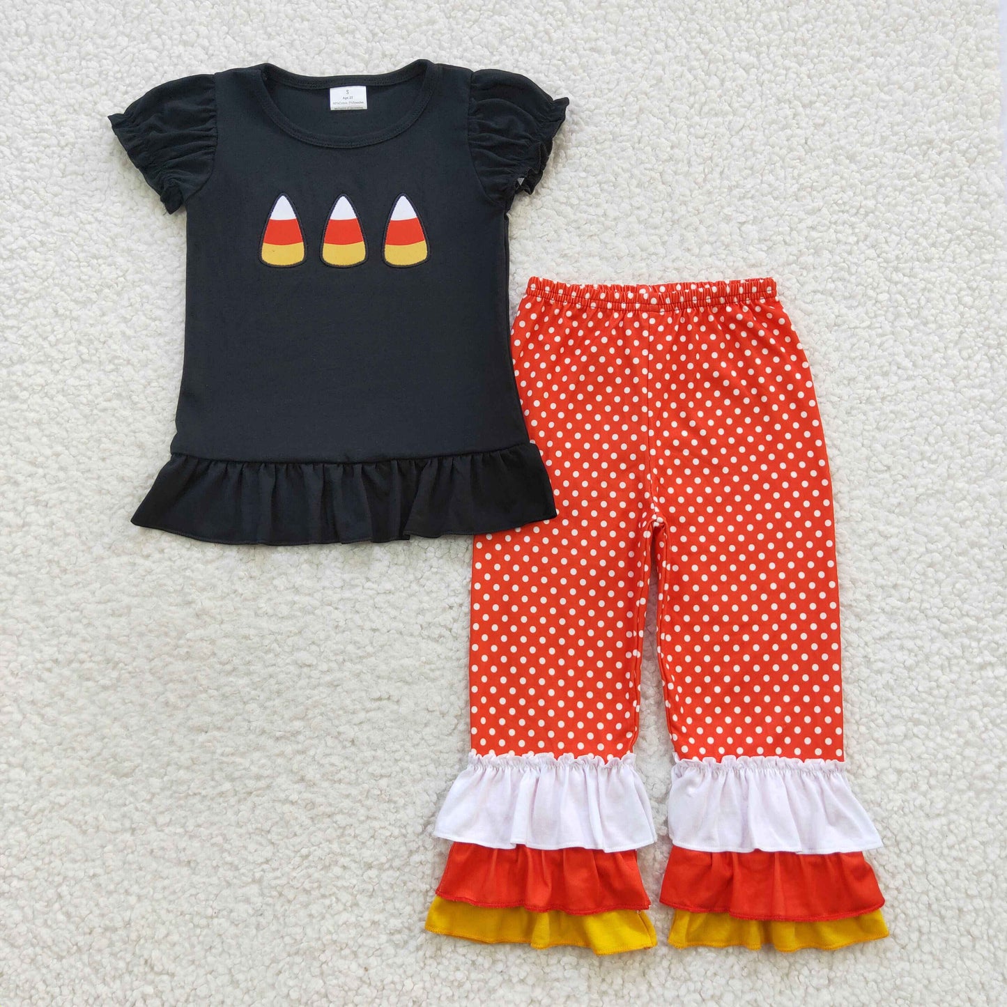 GSPO0709 Halloween Black Orange Pie Cake Embroidery Girls Short Sleeve Pants Outfits