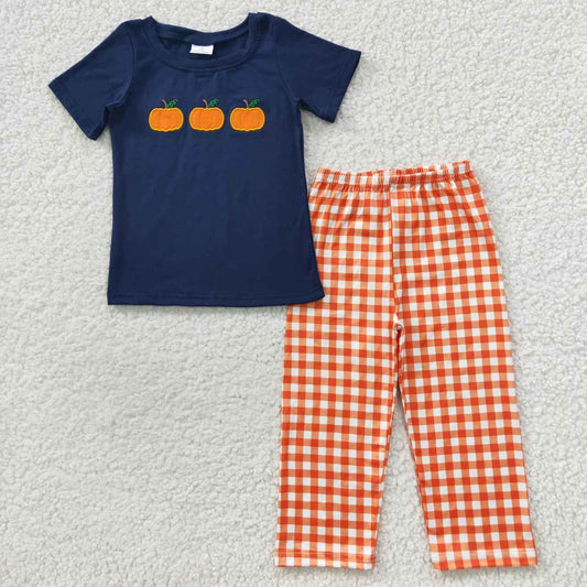 BSPO0145 Halloween Pumpkin Blue Orange Embroidery Boys Short Sleeve Pants Outfits