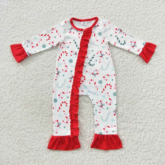 LR0501 Christmas Red Green Cartoon Zipper Girls Long Sleeve Romper