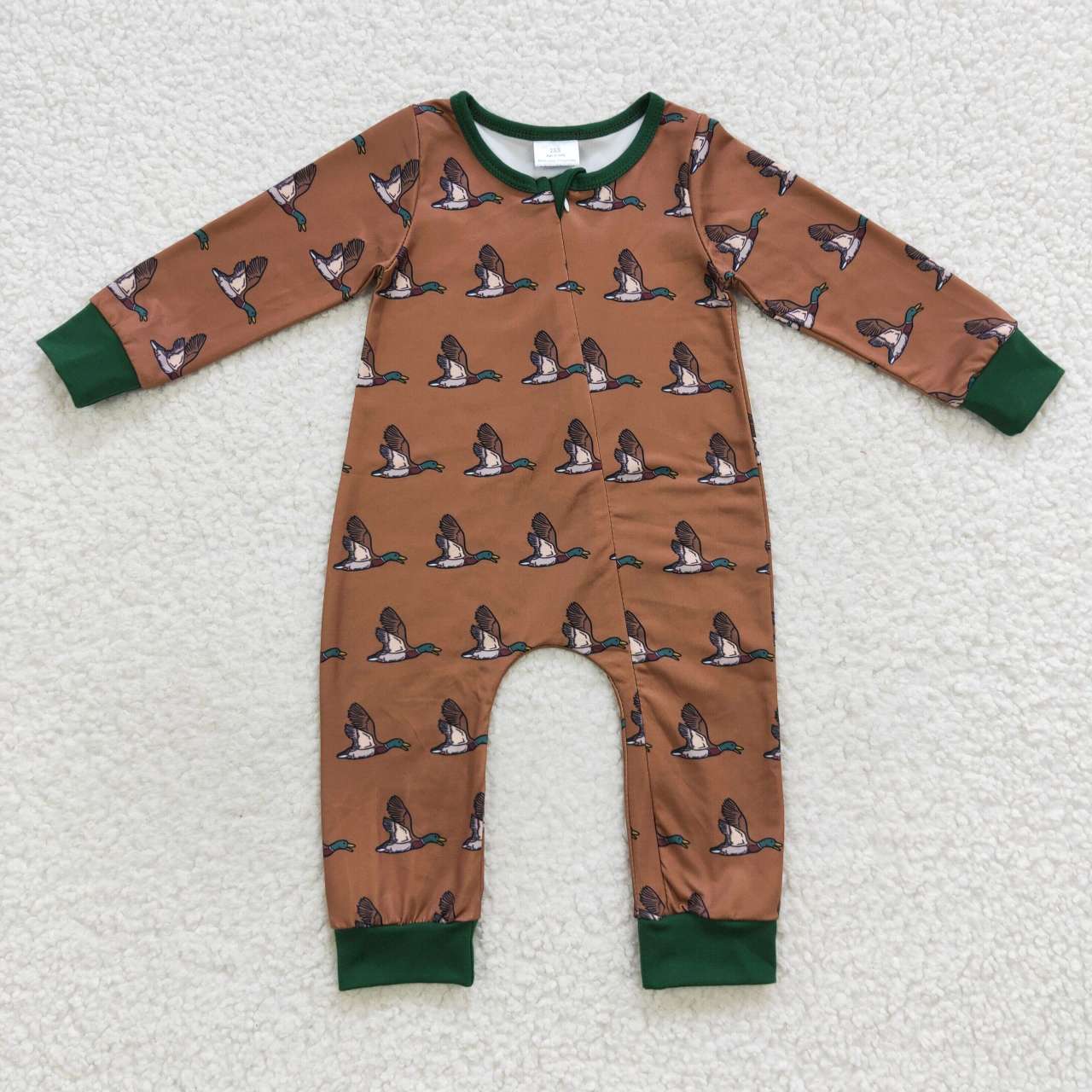 LR0524 Green Brown Duck Zipper Girls Long Sleeve Romper