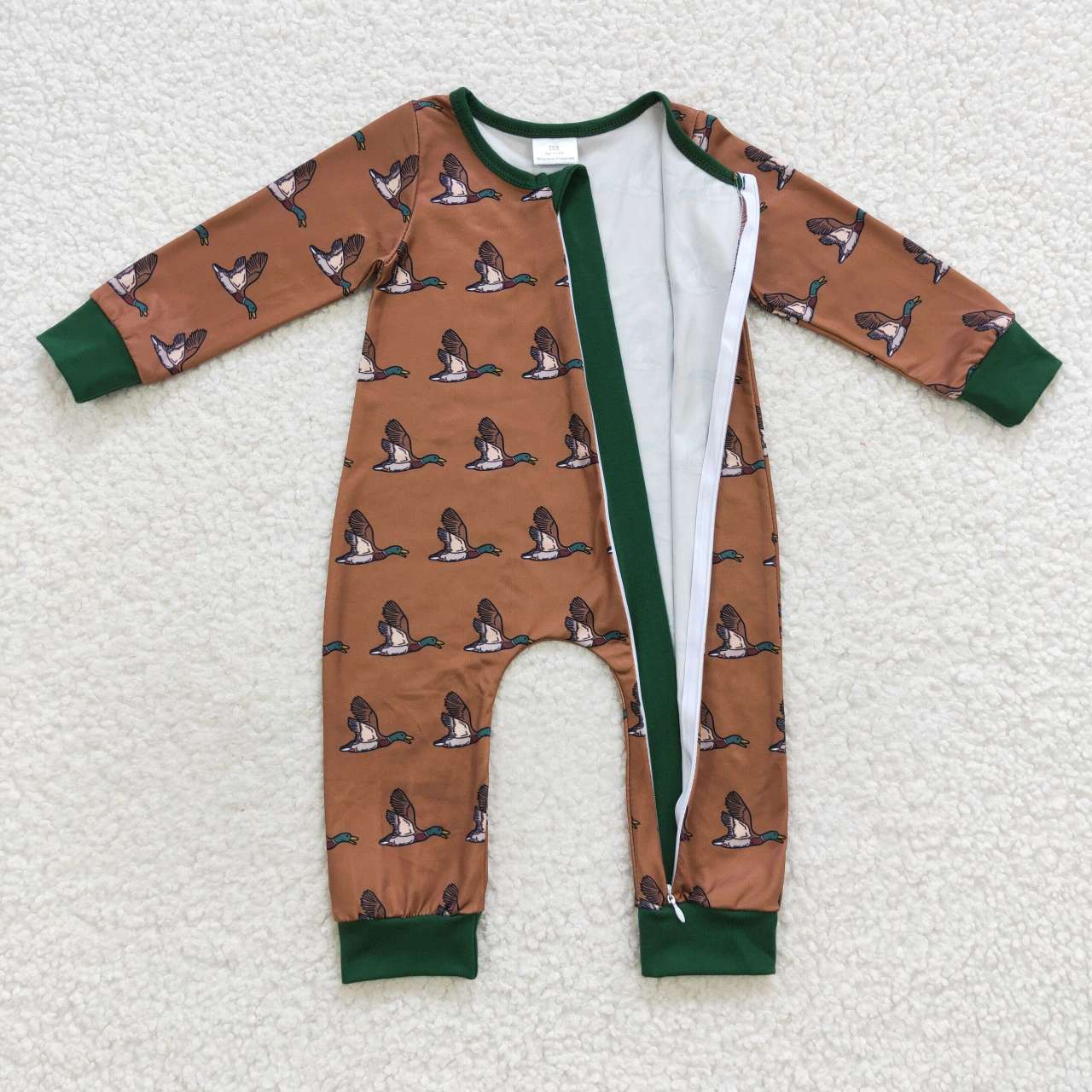 LR0524 Green Brown Duck Zipper Girls Long Sleeve Romper