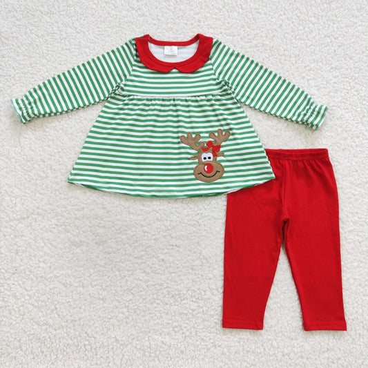 GLP0451 Christmas Green Red Deer Embroidery Girls Long Sleeve Pants Outfits