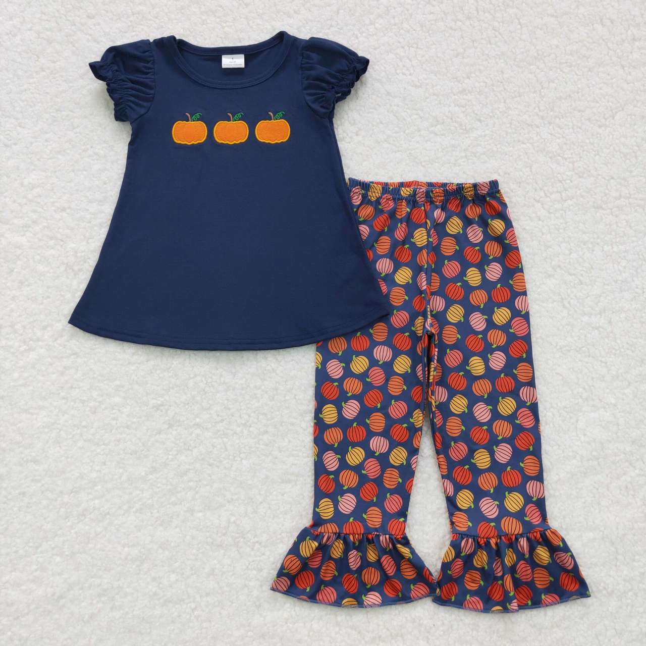 GSPO0762 Halloween Pumpkin Blue Orange Embroidery Girls Short Sleeve Pants Outfits