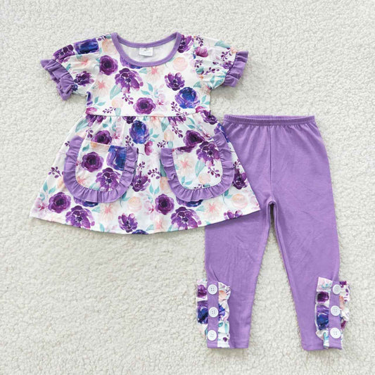 GSPO0756 Purple Floral Pocket Girls Short Sleeve Bell Bottom Pants Outfits