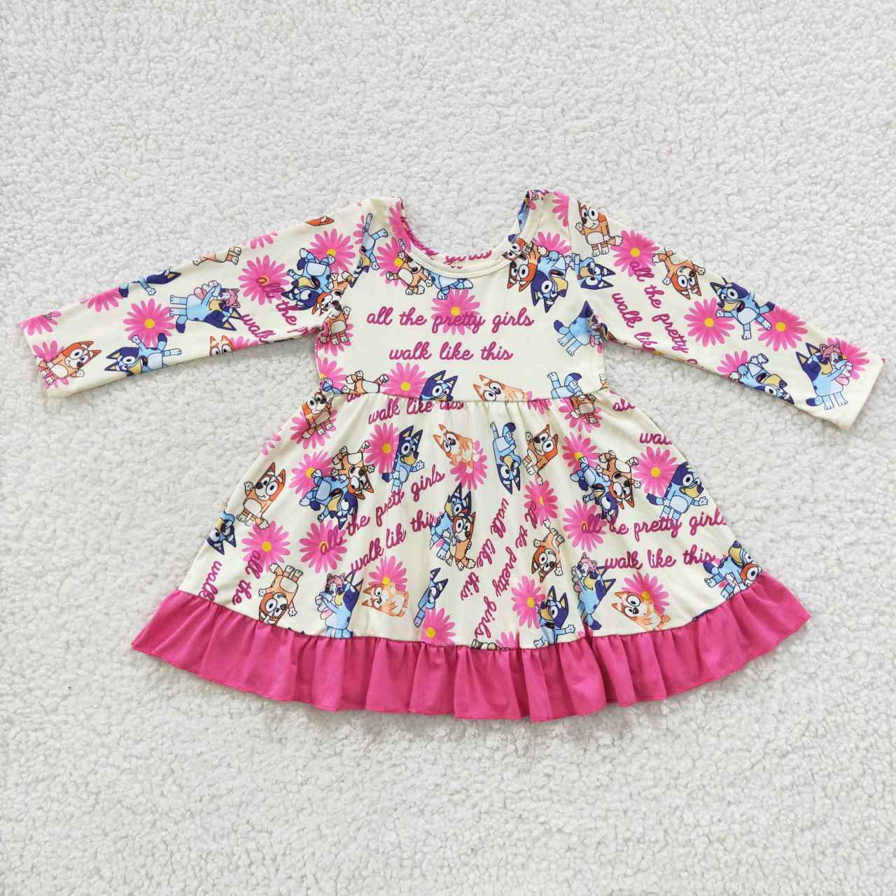 GLD0214 Pink Blue Dog Cartoon Girls Long Sleeve Dresses