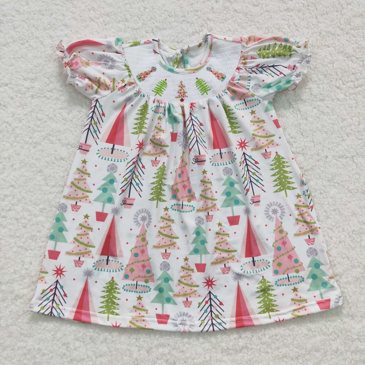 GSD0440 Christmas Pink Tree Girls Flutter Sleeve Dresses