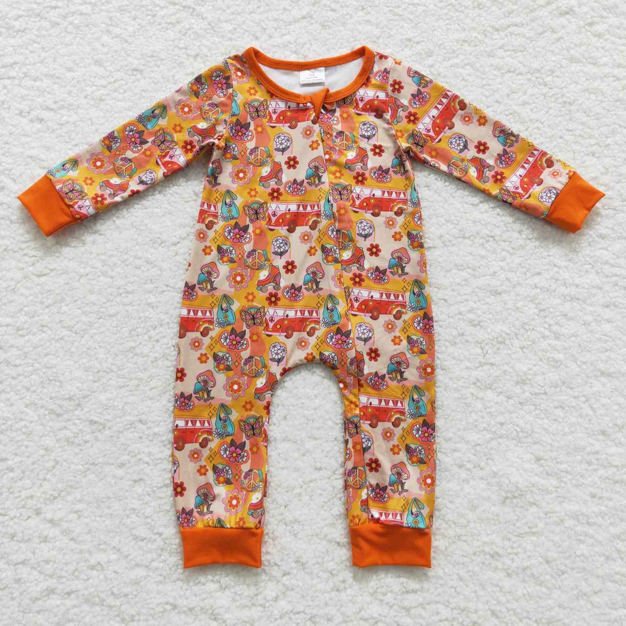 LR0485 Orange Floral Bus Zipper Girls Long Sleeve Romper