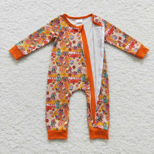 LR0485 Orange Floral Bus Zipper Girls Long Sleeve Romper