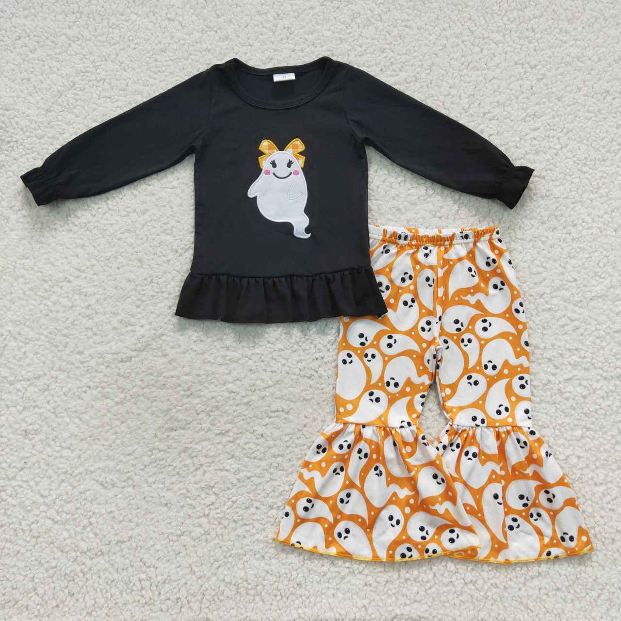 GLP0608 Halloween Ghost Orange Embroidery Girls Long Sleeve Pants Outfits Pajamas