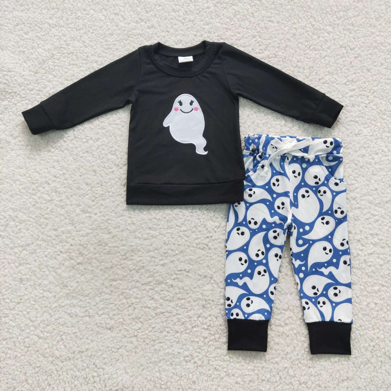 BLP0246 Halloween Ghost Blue Embroidery Boys Long Sleeve Pants Outfits Pajamas