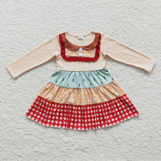 GLD0246 Yellow Red Plaid Ruffles Patchwork Girls Long Sleeve Dresses