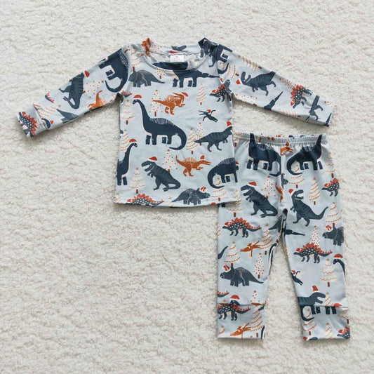 BLP0193 Green Dinosaur Cartoon Boys Long Sleeve Pants Outfits Pajamas