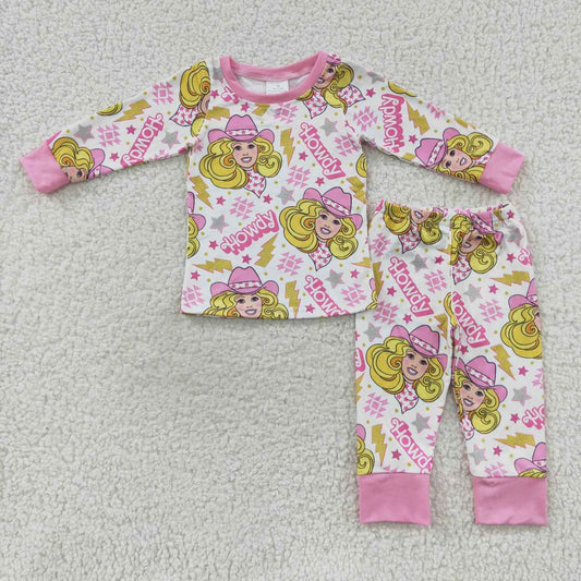 GLP0658  Pink Yellow Howdy Cartoon Girls Long Sleeve Pants Outfits Pajamas