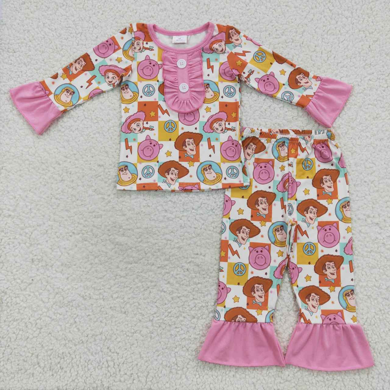 GLP0669 Pink Pig Toy Cartoon Girls Long Sleeve Pants Outfits Pajamas