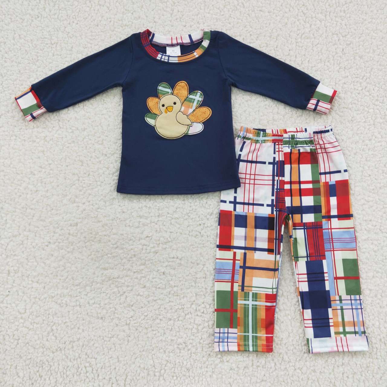 BLP0191 Thanksgiving Turkey Blue Embroidery Boys Long Sleeve Pants Outfits