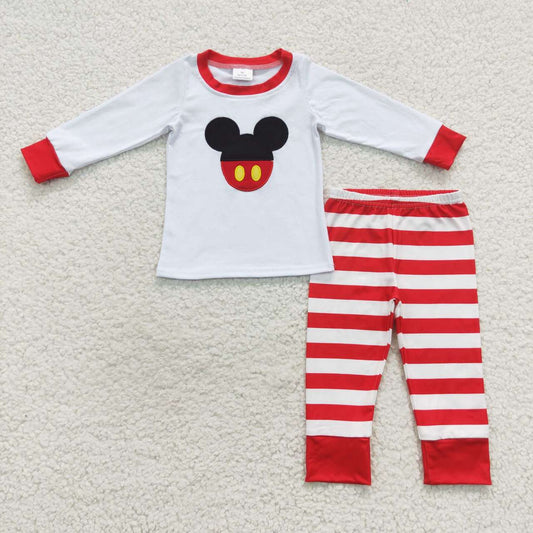 BLP0205  Christmas Red M Cartoon Embroidery Boys Long Sleeve Pants Outfits Pajamas