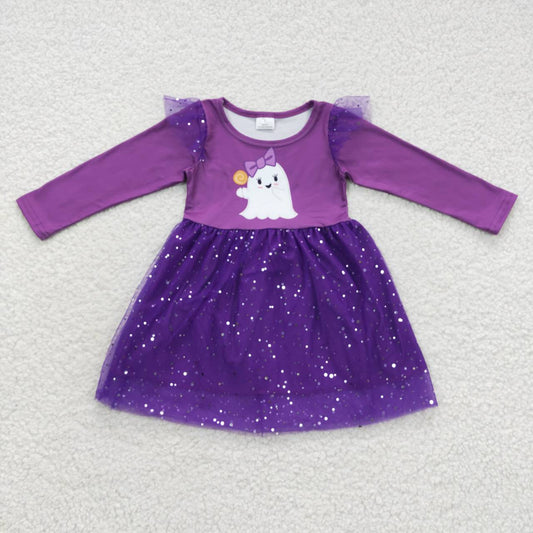 GLD0314  Halloween Pumpkin Ghost Purple Tulle Tutu Girls Long Sleeve Dresses