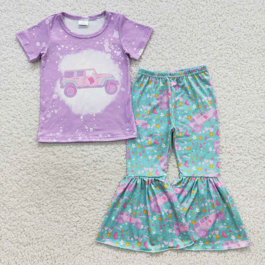 GSPO0796 Purple Blue Love B Cartoon Girls Short Sleeve Pants Outfits