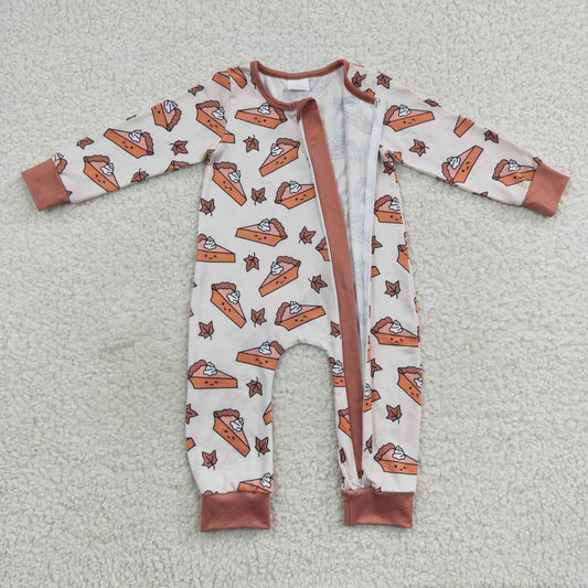 LR0353 Halloween Pie Cake Brown  Zipper Girls Long Sleeve Romper