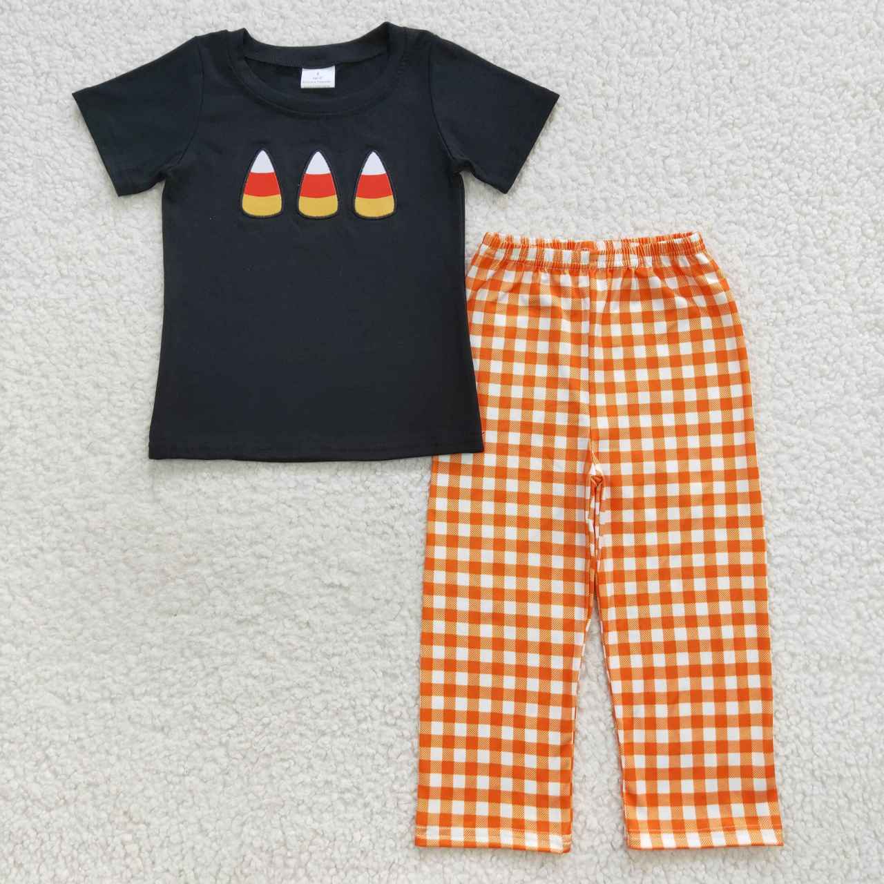 BSPO0121 Halloween Black Orange Pie Cake Embroidery Boys Short Sleeve Pants Outfits