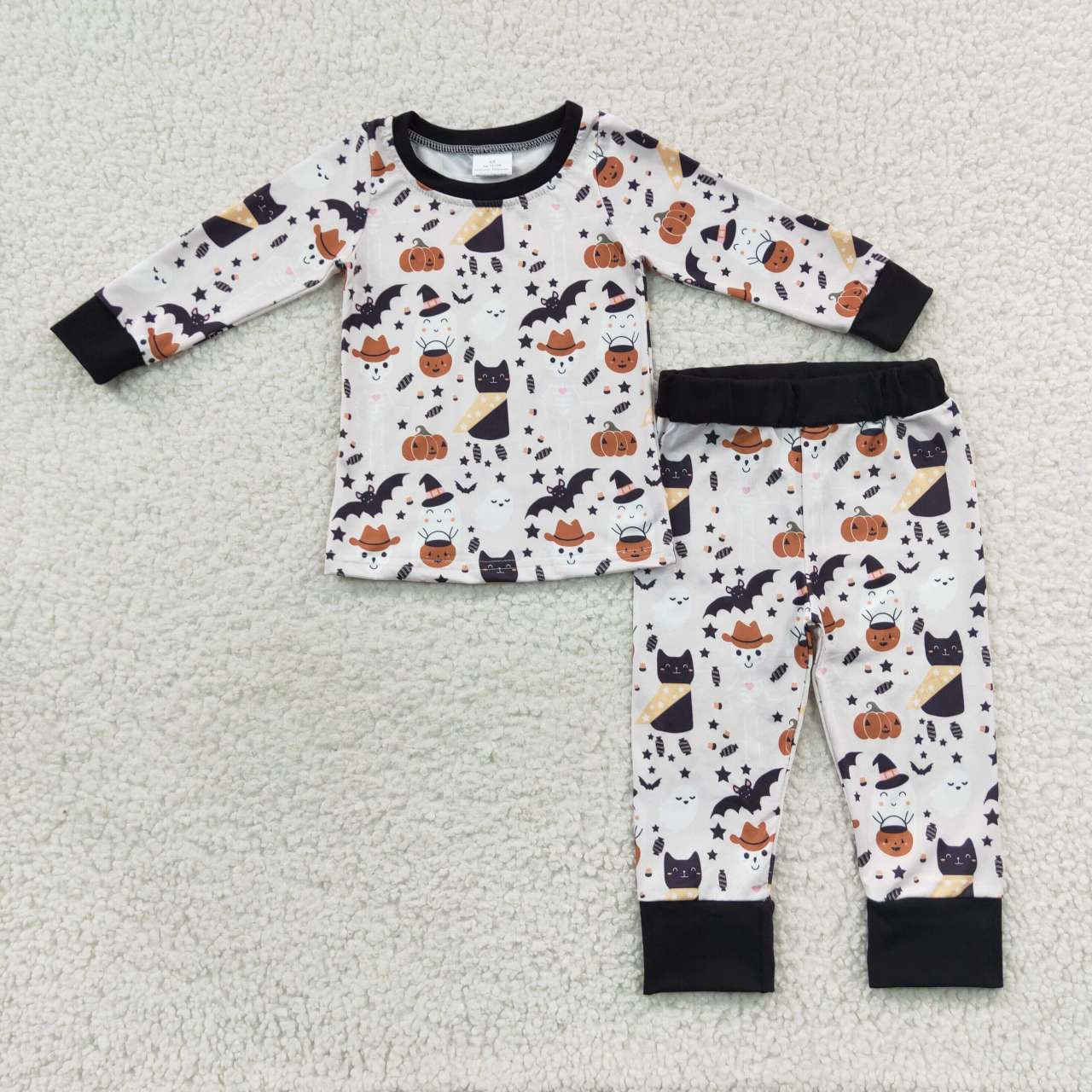 BLP0276 Halloween Pumpkin Black Bat Boys Long Sleeve Bell Bottom Pants Outfits Pajamas