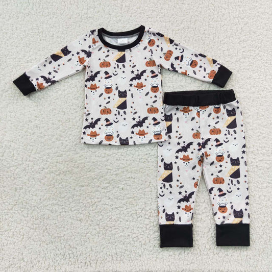 BLP0276 Halloween Pumpkin Black Bat Boys Long Sleeve Bell Bottom Pants Outfits Pajamas