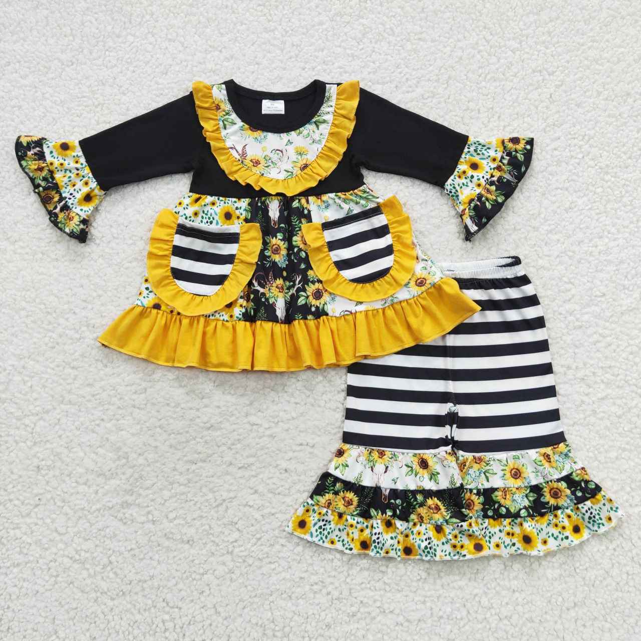 6 A27-26 Sunflower Yellow Black Stripes Pocket Ruffles Girls Long Sleeve Bell Bottom Pants Outfits