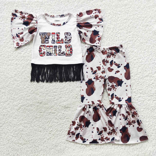 GSPO0773 Wild Child Leopard Tassel Girls Short Sleeve Bell Bottom Pants Outfits