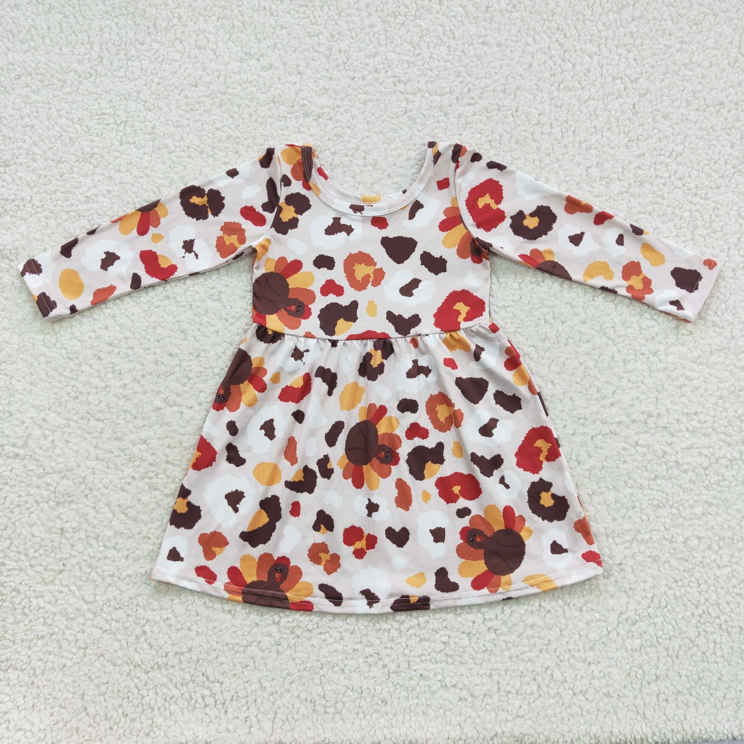 GLD0320 Thanksgiving Turkey Leopard Girls Long Sleeve Dresses