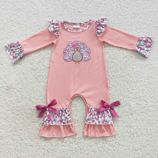 LR0358 Thanksgiving Turkey Pink Floral Embroidery Girls Long Sleeve Romper