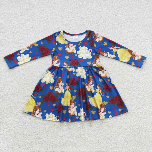 GLD0228 Valentine Love Blue Yellow Princess Cartoon Girls Long Sleeve Dresses