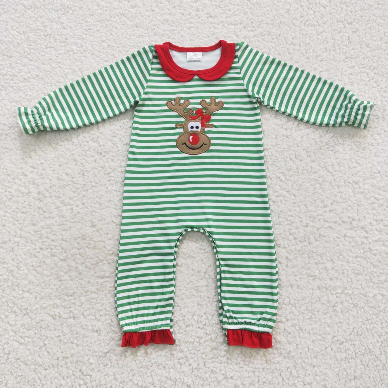 LR0339 Christmas Red Green Deer Embroidery Girls Long Sleeve Romper