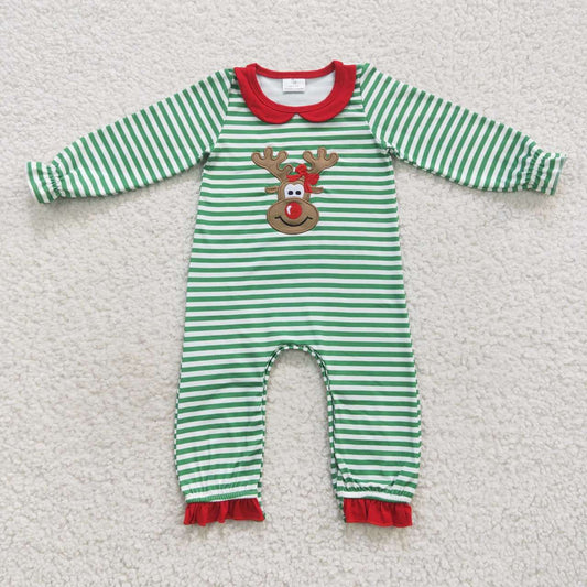 LR0339 Christmas Red Green Deer Embroidery Girls Long Sleeve Romper