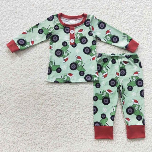 BLP0285 Christmas Red Green Truck Car Boys Long Sleeve Pants Outfits Pajamas