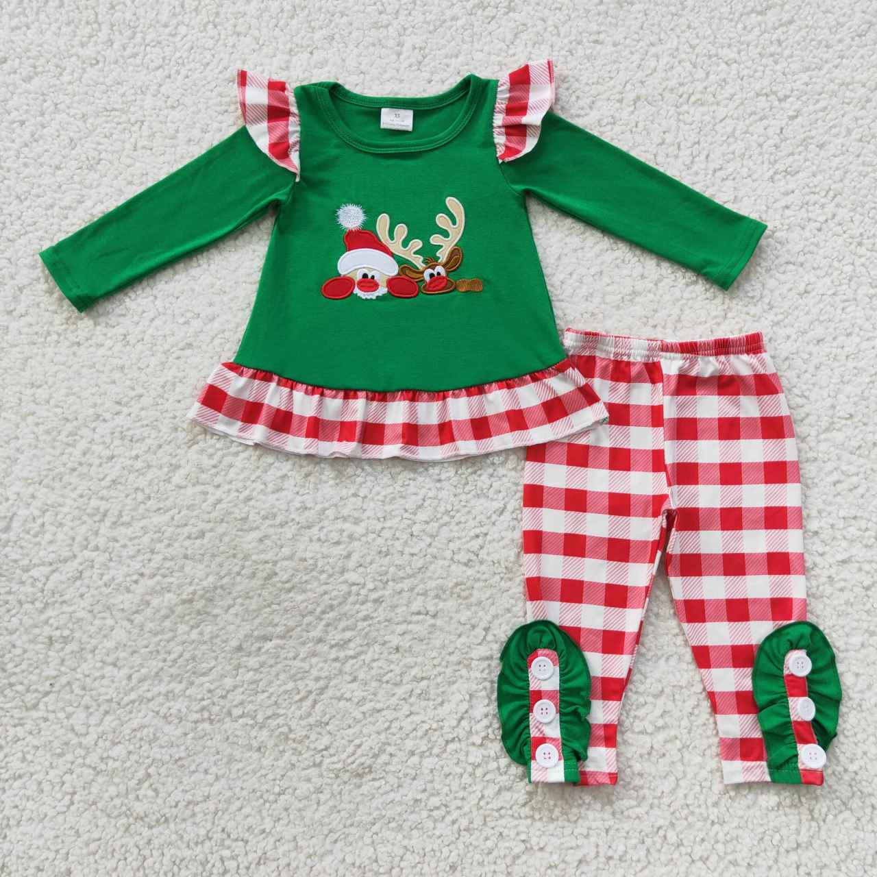 GLP0507 Christmas Red Green Santa Cartoon Embroidery Tunic Girls Long Sleeve Pants Outfits