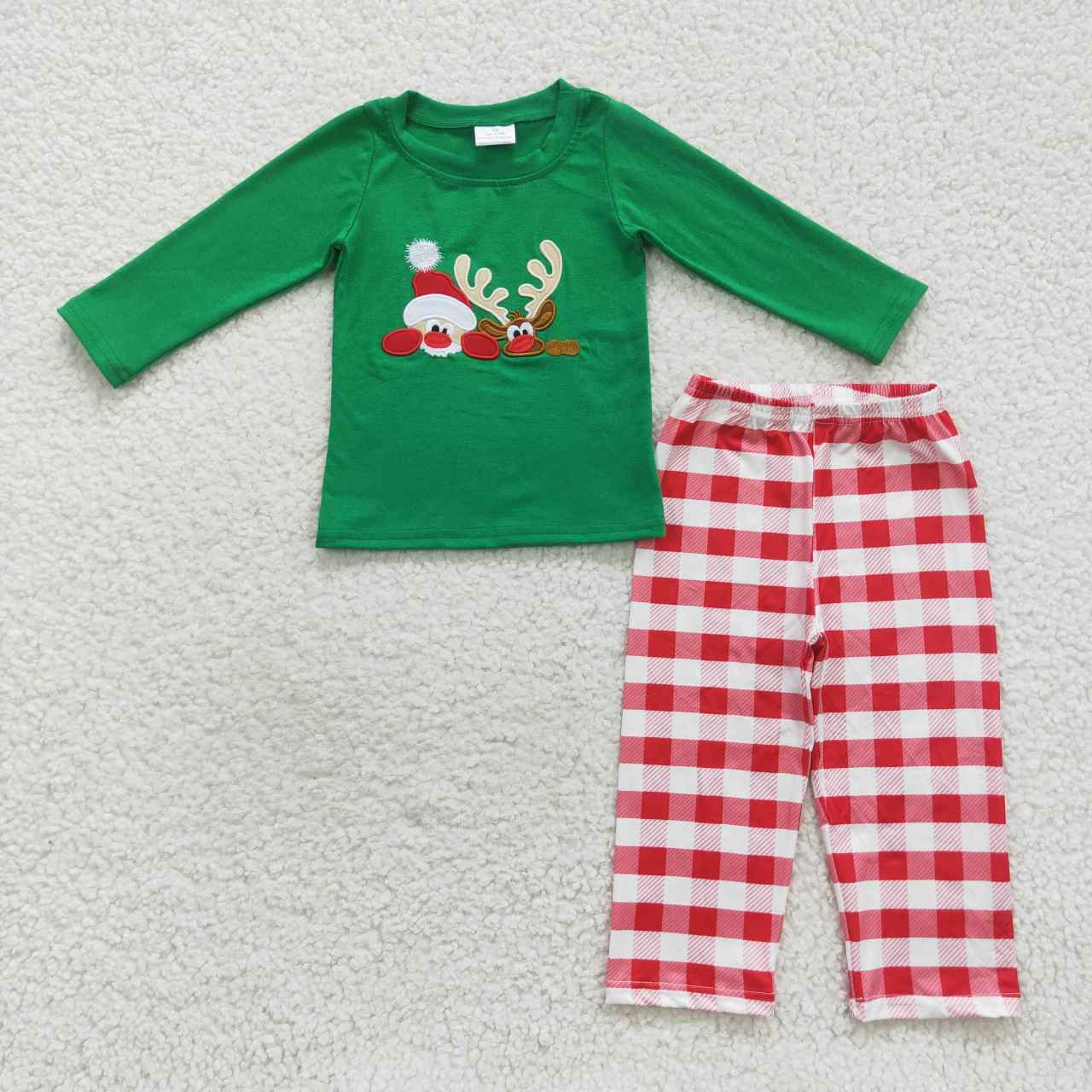 BLP0203 Christmas Red Green Santa Cartoon Embroidery Tunic Boys Long Sleeve Pants Outfits