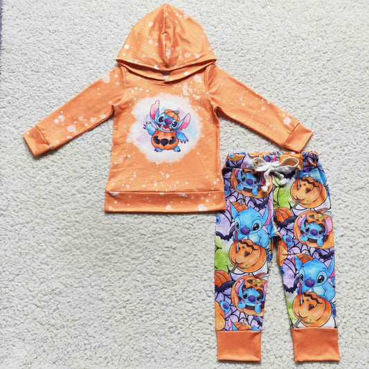 BLP0284  Halloween Orange Pumpkin Blue Cartoon Boys Long Sleeve Hoodies Outfits