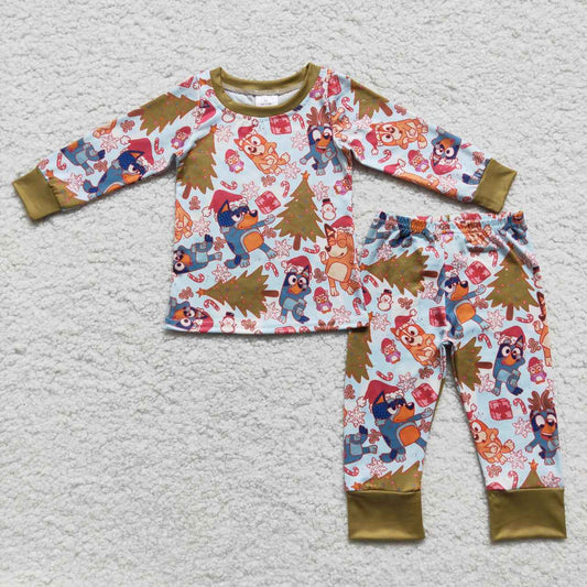 BLP0258 Christmas Pink Blue Dog Cartoon  Boys Long Sleeve Pants Outfits Pajamas