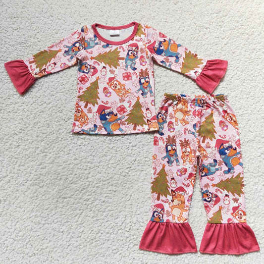 GLP0622 Christmas Pink Blue Dog Cartoon Girls Long Sleeve Pants Outfits Pajamas