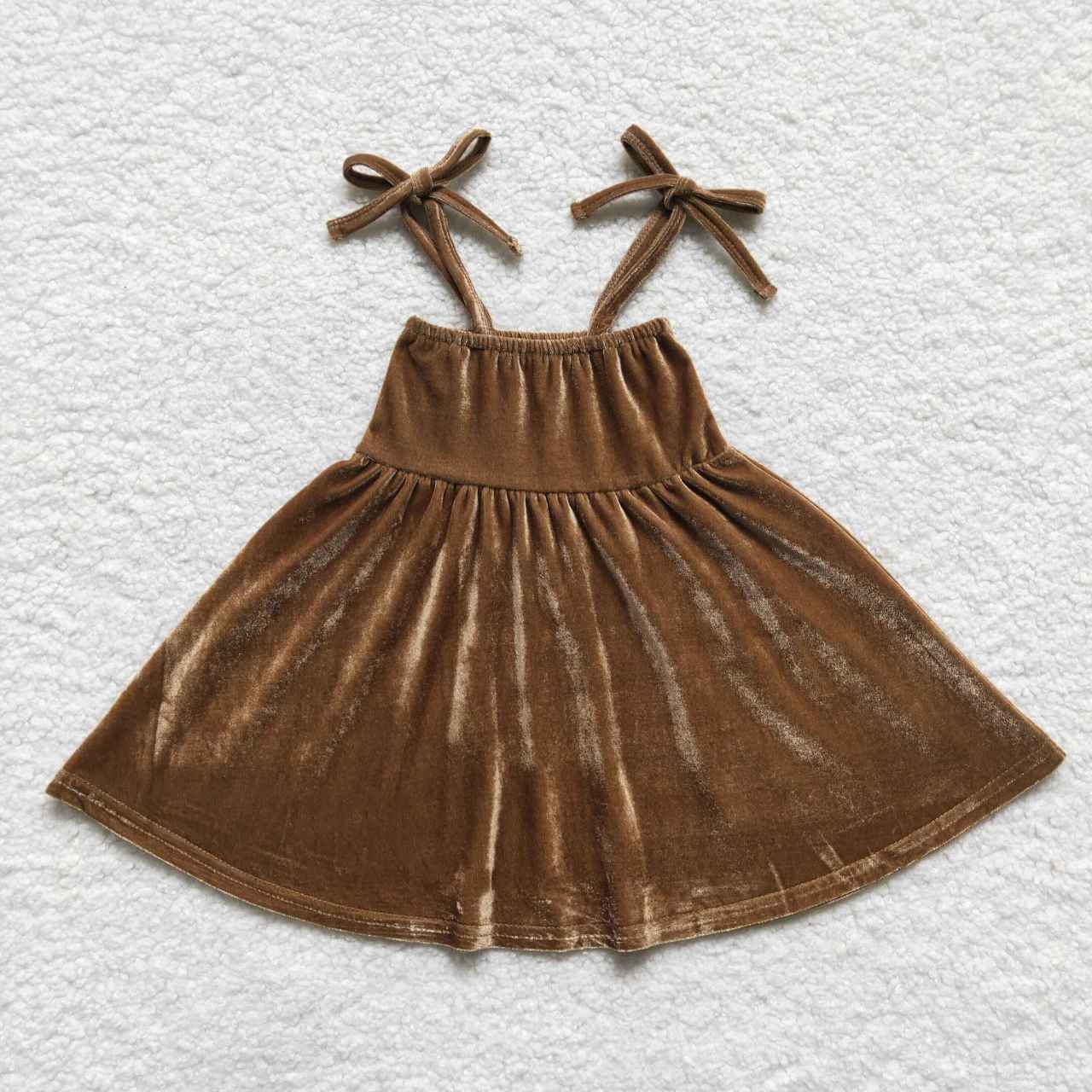 GSD0448 Brown Velvet Girls Flutter Sleeve Dresses