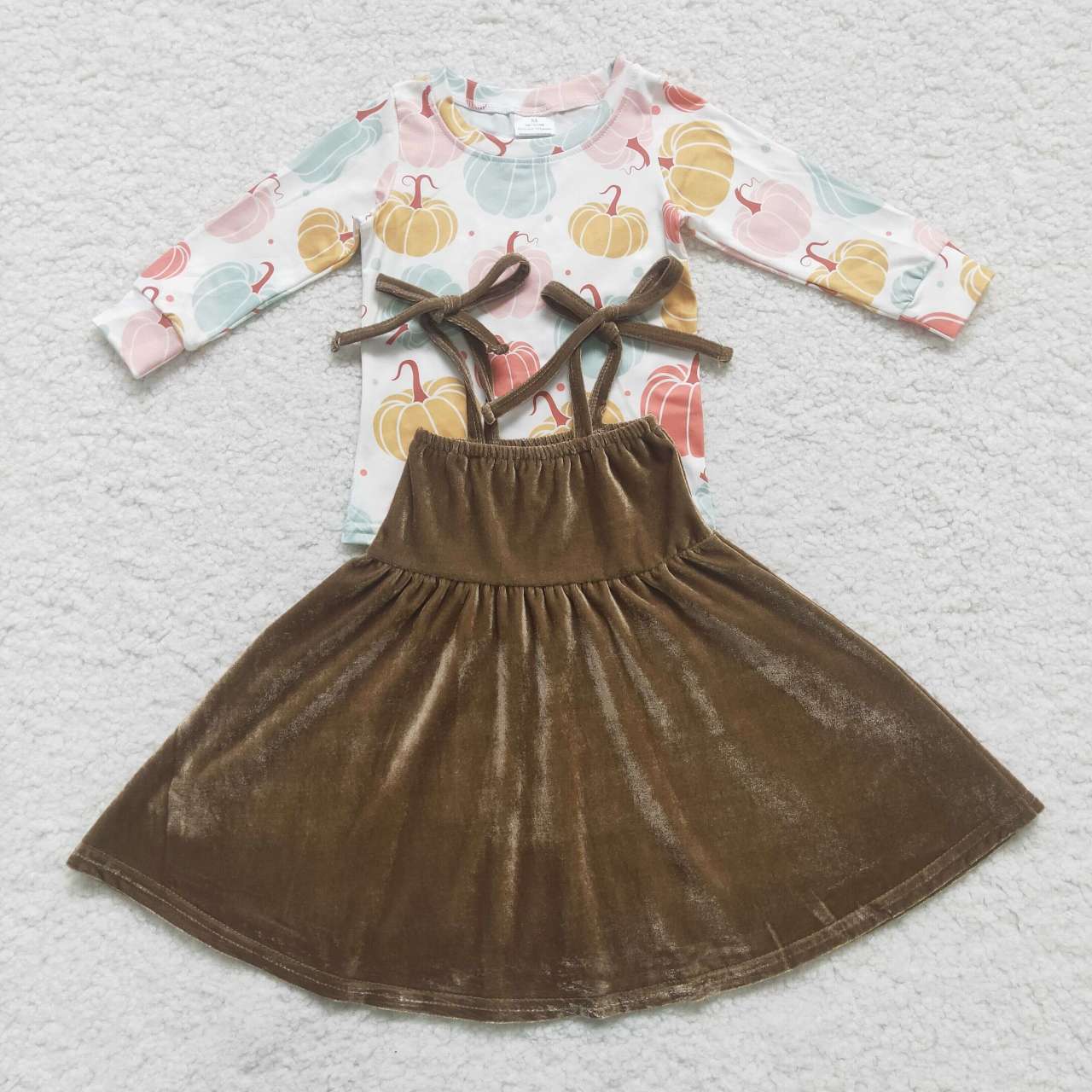 GSD0448 Brown Velvet Girls Flutter Sleeve Dresses Overall Suspender Girls Long Sleeve Dresses