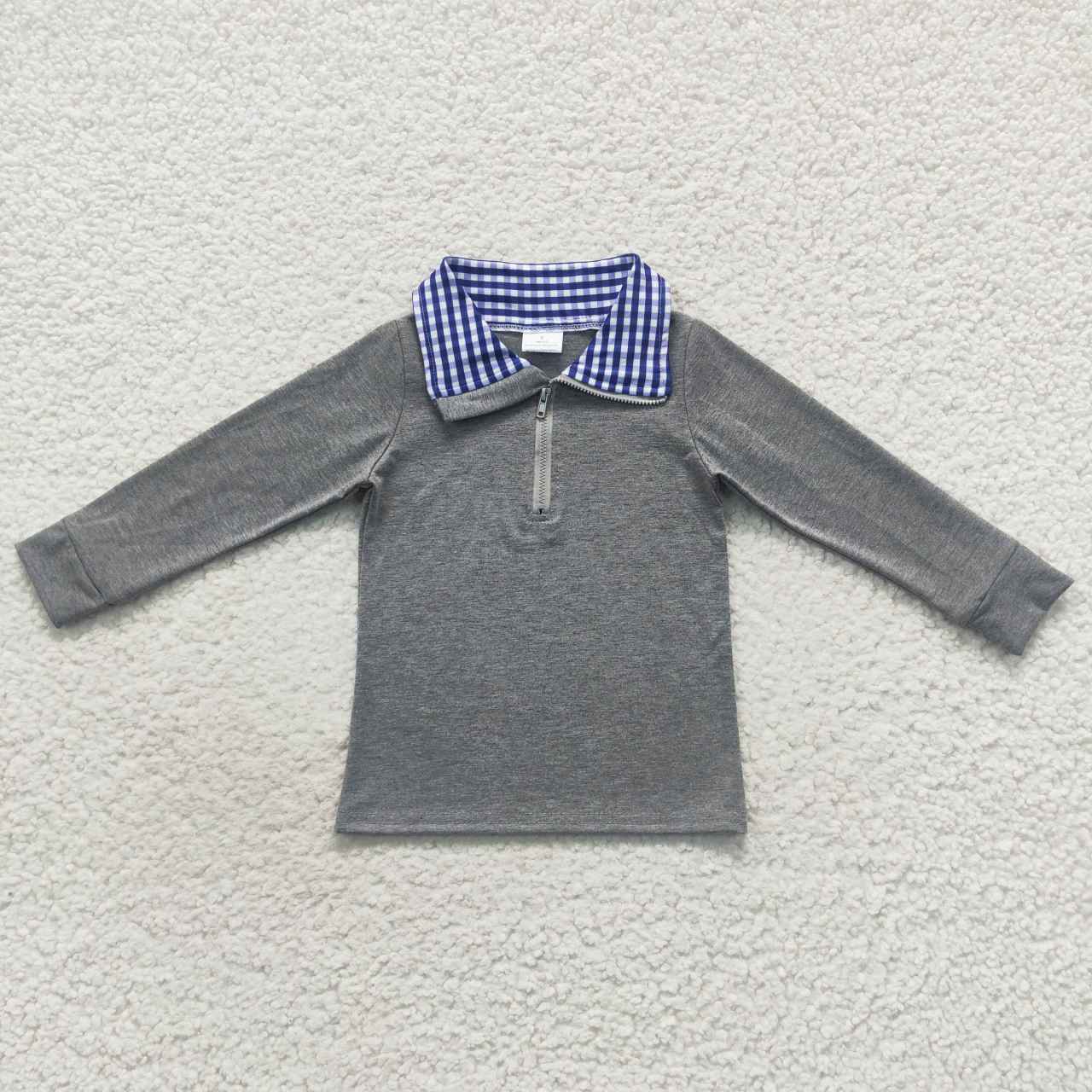 BT0285 Grey Blue Plaid  Winter Boys Long Sleeve Top Collar T-Shirts