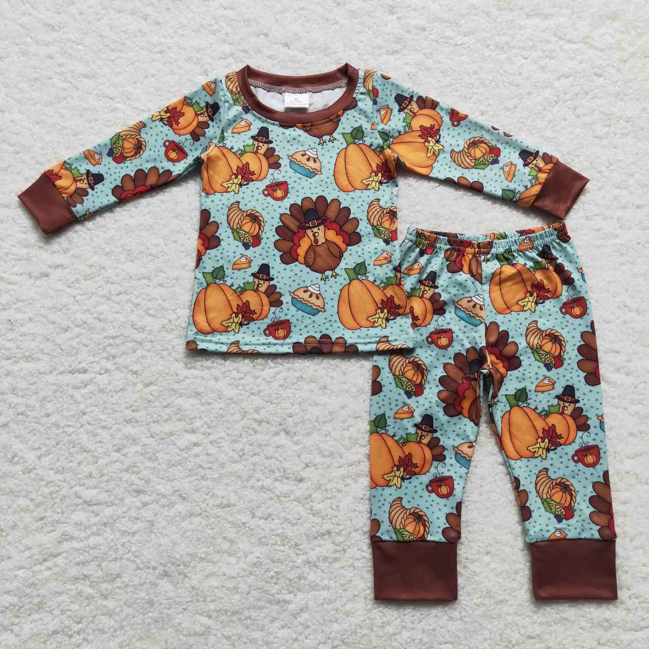 BLP0287  Thanksgiving Turkey Pumpkin Green Brown Boys Long Sleeve Pants Outfits Pajamas