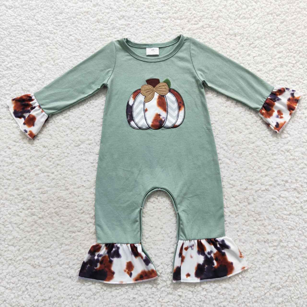 LR0464 Halloween Pumpkin Green Leopard Embroidery Girls Long Sleeve Romper