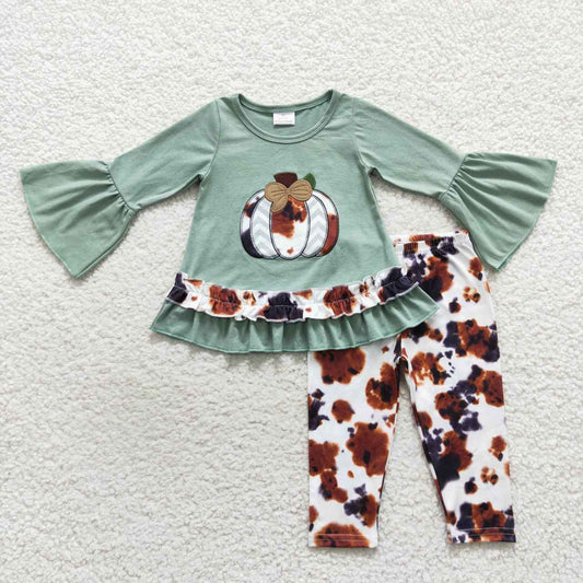 GLP0578 Halloween Pumpkin Green Leopard Embroidery Tunic Girls Long Sleeve Pants Outfits