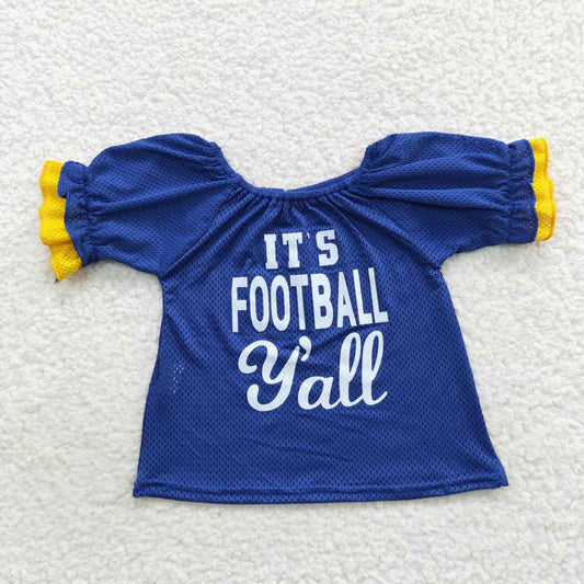 GT0273 Blue Yellow  Football Yall Girls Short Sleeve Top T-shirts