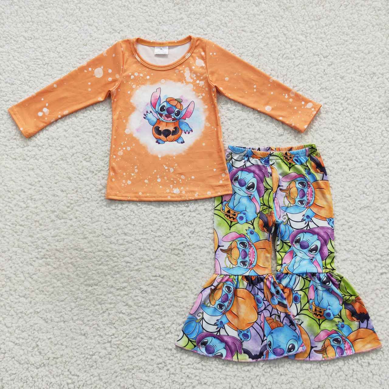 GLP0677 Halloween Pumpkin Orange Blue Cartoon Girls Long Sleeve Pants Outfits