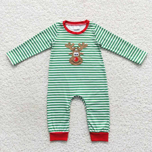 LR0338  Christmas Red Green Deer Embroidery Girls Long Sleeve Romper