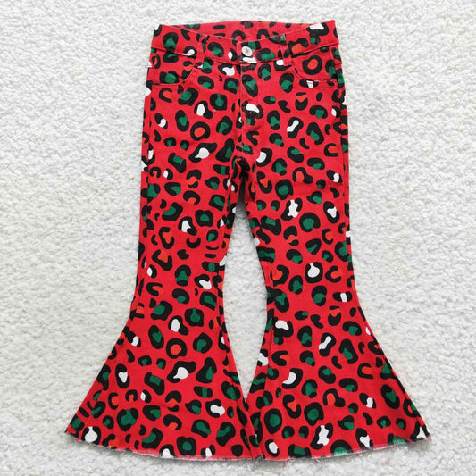 P0229 Red Leopard Girls Bell Bottom Denim Jeans