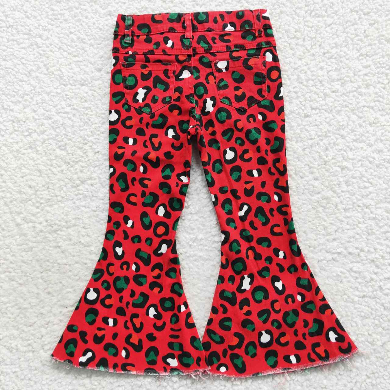 P0229 Red Leopard Girls Bell Bottom Denim Jeans